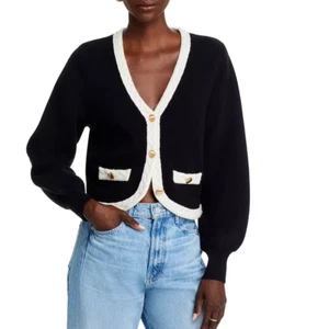 AQUA Cashmere Nautical Cashmere Cardigan-tipped-cable/braid trim-black/white-NWT - Picture 1 of 5