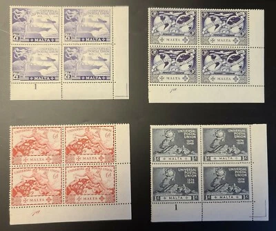MALTA 1949 KGVI UPU SET 75th ANNIVERSARY Sc 231-234. SG 251-254 PLATE #1 MINT NH - Image 1 of 4