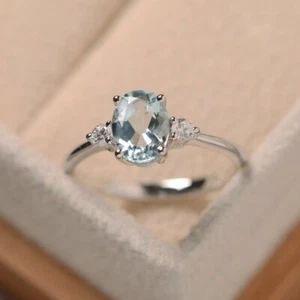 1.70 Ct Natural Aquamarine Diamond Anniversary Ring 14K Real White Gold Size 5.5 - Picture 1 of 6
