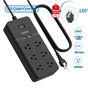 Tira de alimentación protectora contra sobretensiones 6 tomas 2 puertos USB + enchufe plano EE. UU. cable de 10 pies 2100J - Imagen 1 de 11