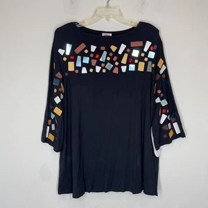 DG2 by Diane Gilaman Pullover Top 3/4 Sleeve Abstract Black NWT Women's Size L - Picture 1 of 14