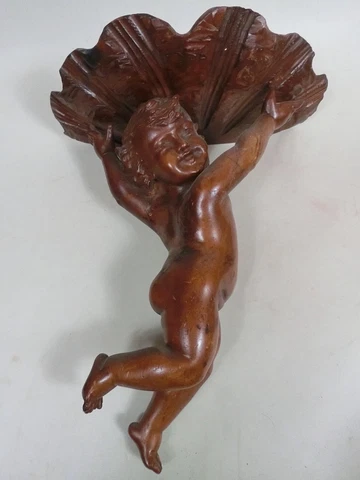 XL 16.5” Antique Carved Wood Putti Cherub with Shell Rococo Shelf French Style Cover