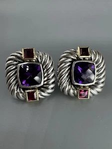 Rare David Yurman 925 Silver 14K Yellow Gold Amethyst Garnet Heavy Earrings - Picture 1 of 9