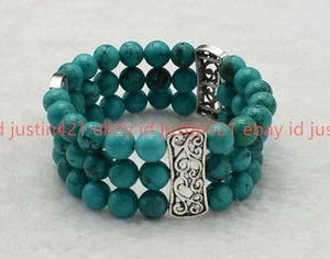 Natural 3 Rows 8mm Blue Turquoise Gems Stretch Tibetan Silver Bracelet 7.5'' - Picture 1 of 12