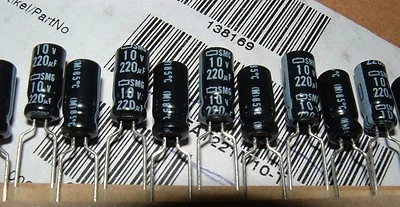 25 x 220uf 10v slim electrolytic capacitor 5 x 11mm Nippon Chemi-con SMG