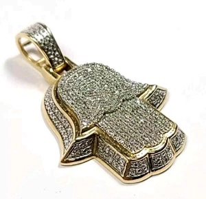 10k Yellow and White Gold Diamond Hamsa Hand Pendant - Picture 1 of 5