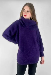 Vintage 80's Ladies Purple Angora Wool Long Sleeve Long Roll Neck Jumper S - Picture 1 of 4