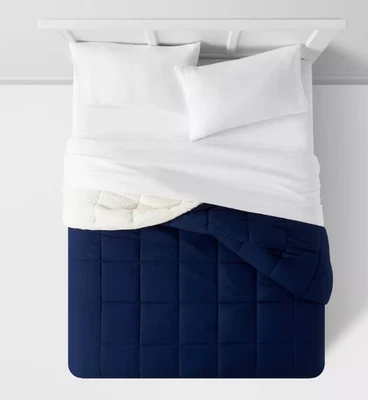 Faux Shearling Reversible Comforter Dorm Room College Navy Blue Twin /Twin XL - Image 1 of 4
