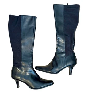Vintage 90s Liz Claiborne Knee High Black Leather Flex Fabric Heeled Boots - Picture 1 of 8