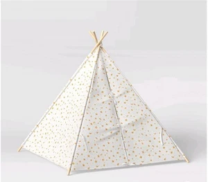 Teepee Tent for Kids Foldable Play Tent Canvas White with gold foil stars Indoor - Picture 1 of 5