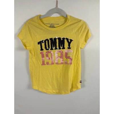Tommy Hilfiger Girls Yellow T-Shirt Flip Sequin TOMMY 1985 Size 7 - Image 1 of 4