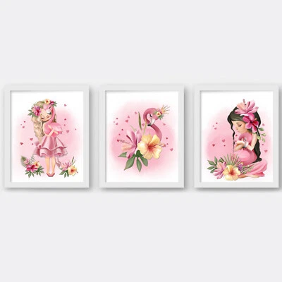 Tropical princess wall prints, tropical girl nursery wall art, flamingo print — 第 1/4 张图片