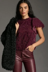 Anthropologie Top Womens XL Purple Floral Velvet Ruffled Lace Blouse - Picture 1 of 17