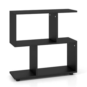 2-Tier S-Shaped Shelf Storage Rack Black Bookshelf Free Standing Wooden Display - Picture 1 of 8