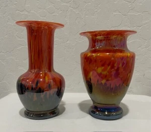 2 Czech Kralik Art Glass Iridized Spatter Confetti Vases 6" & 6.5" Tall Heavy - Picture 1 of 5