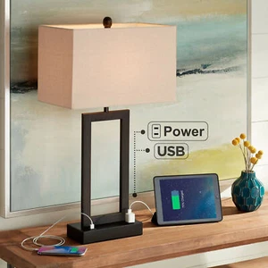 Modern Table Lamp with USB Outlet Steel Open Rectangle for Living Room Bedroom - Picture 1 of 9