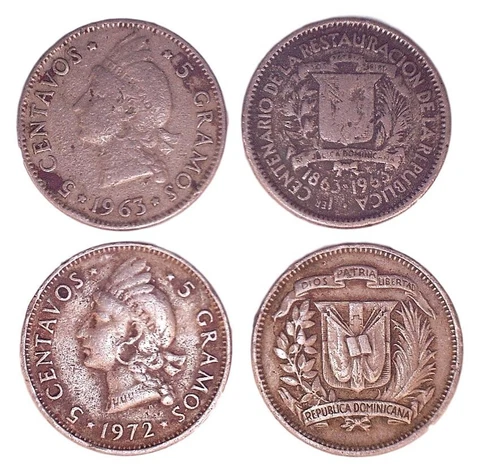 Lot of 65 Coins. Dominican Republic KM18-26(VG-F) 5 Centavos 1937 - 1974 Issue Cover