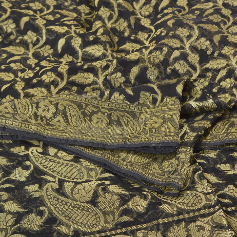 Tecido para artesanato Sari premium tecido de seda mistura Sarees indiano preto vintage sânscrito - Imagem 1 de 4