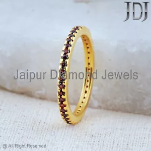 Solid 14k Yellow Gold Natural Garnet Gemstone Stackable Band Eternity Ring - Picture 1 of 11