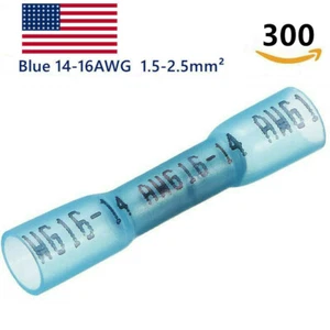 300Pcs Waterproof Blue Heat Shrink Butt Wire Connectors Crimp Terminals 16-14AWG - Picture 1 of 9