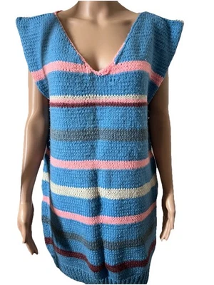 Vintage HAND KNIT Loomed Blue & Pink Striped Dress Oversized Vest - Image 1 of 4