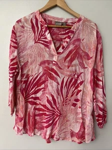 CHICO'S Sz 3 (Xl) Peasant Blouse Gauzy Cotton BOHO Palm Pink white Resort Vacay - Picture 1 of 4