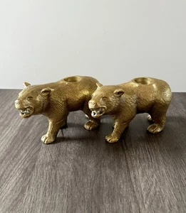 2 Gold Brass Metal Grisly Bear Candle Holders Cozy Rustic Cabin Home Decor Vibe - Picture 1 of 16
