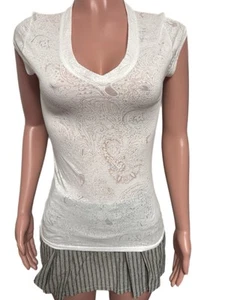 Sexy Y2K White Paisley Burnt-out Casual Fitted Stretchy cleavage top T-shirt VtG - Picture 1 of 5