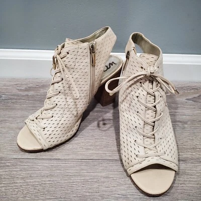 Sam Edelman Ennette Beige Perforated Lace Up Suede Block Heels Bootie Shoes 7.5 - Image 1 of 4