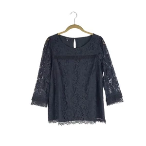 Talbots Black Lace Top 3/4 Sheer Sleeve Romantic Gothic Petite Size MP - Picture 1 of 9