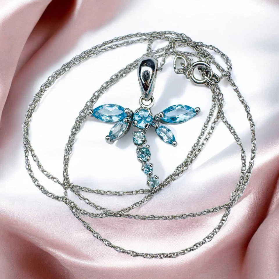 Aquamarine Dragonfly Necklace in 10K White Gold -18" -VINTAGE- Butterfly -1.5g - Image 1 of 4