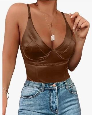 Sexy Corsé Top Body Dlsave para Mujer Profundo Cuello en V Satén Camisetas sin Mangas Marrón XXL Foto 1 de 4