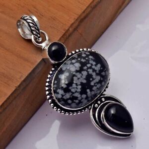 Snowflake Obsidian Black Onyx Ethnic Handmade Pendant Jewelry 2.6" AP 51263