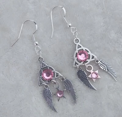 Pink 3D Diamante, Celtic Knot, Angel Wings & Star,925 Silver Hook Earrings Foto 1 de 4
