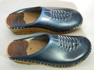 Troentorp Blue Woven Leather Mule Wooden Clogs Womens EU 38 US 7 Sweden Boho - Picture 1 of 18
