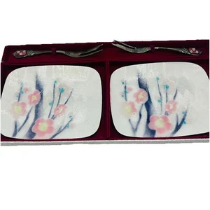 Takashimaya Tutanka Cloisonne Enamelware Appetizer Plates Tray Fork Set NOS Pair - Picture 1 of 14