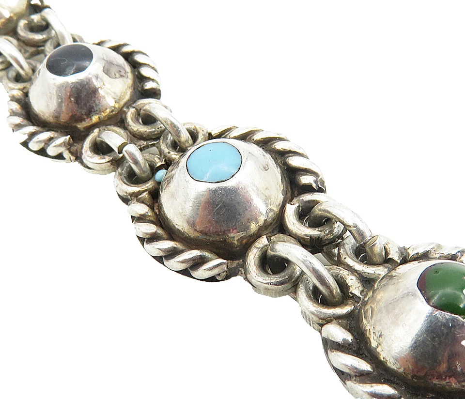 MEXICO 925 Silver  Vintage Turquoise Onyx & Jasper Chain Bracelet  BT3954 - Image 1 of 4