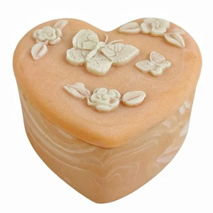 Vintage Incolay Stone Trinket Box Pink Butterfy Flowers Heart Shaped 1.5 x 2.75" - Picture 1 of 9
