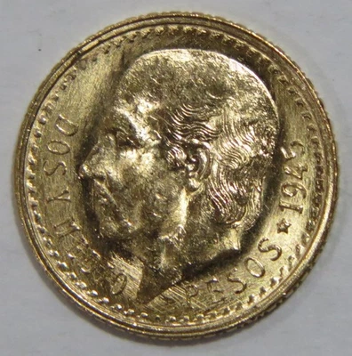 MONEDA MUNDIAL MÉXICO 2.5 PESOS 1945 ORO MACIZO HIDALGO ESTADOS UNIDOS MEXICANOS UNC Foto 1 de 2