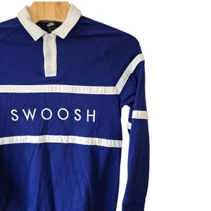 Nike Swoosh Rugby Shirt Mens Long Sleeve Polo Blue White Striped Top - Picture 1 of 8