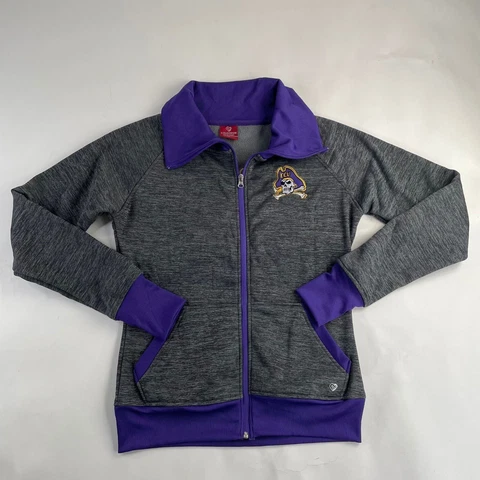East Carolina Pirate Jacket Medium Gray Purple Women Full Zip Colosseum Used Cover
