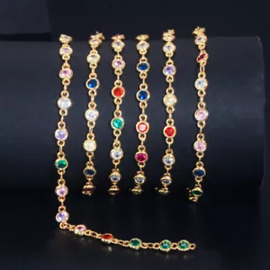 Boho Yellow Gold Plated CZ Round Long Anklet Link Bracelet DIY Jewelry Findings - Picture 1 of 11