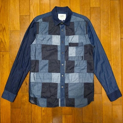 EUC BEAMS Japan Indigo Crazy Patchwork Chambray BD Shirt Fits US Small - Image 1 of 4