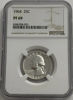 1964 NGC PF69 90% Silver Proof George Washington Quarter White Label - Image 1 of 3