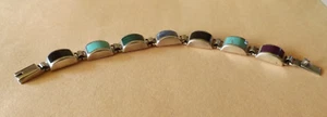 Mans Vintage Heavy Sterling & Gemstone Bracelet - onyx - turquoise - lapis - Picture 1 of 9