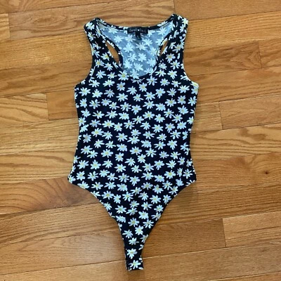 Derek Heart Women’s Black Daisy Flower Tank Top Thong Bodysuit Size Small - Image 1 of 4
