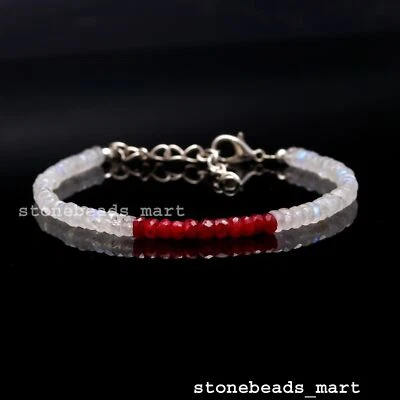925 Sterling Silver Rainbow Moonstone+Corundum Ruby Jewelery Beads Bracelet 7" - Image 1 of 4
