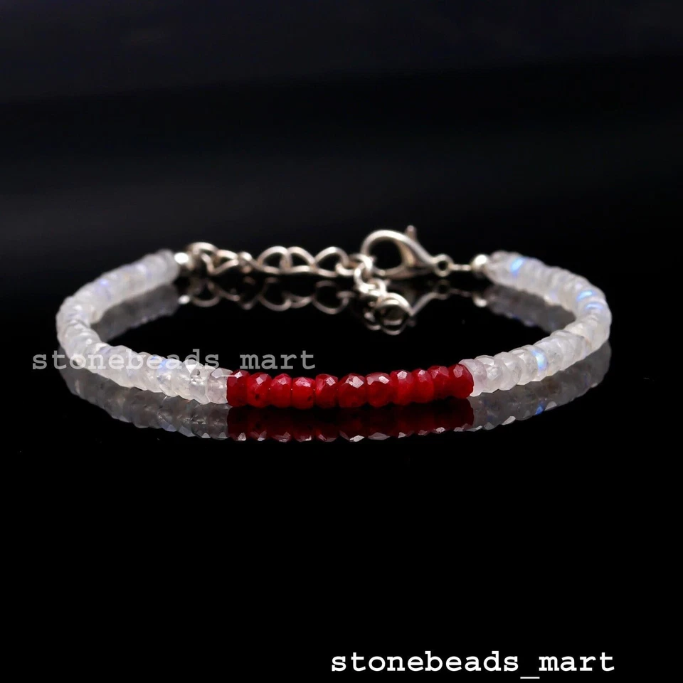 925 Sterling Silver Rainbow Moonstone+Corundum Ruby Jewelery Beads Bracelet 7" - Image 1 of 4