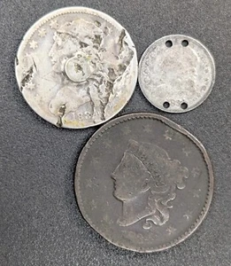 1834 Lot U.S. 25C Bust Quarter 10C Bust Half Dime and Coronet Head Large Cent - Picture 1 of 2