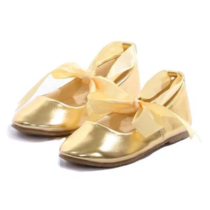 DORADO Talla 6 Niña Zapatos Bailarina Cinta de Ballet Corbata Dama de honor Cumpleaños Formal - Imagen 1 de 3